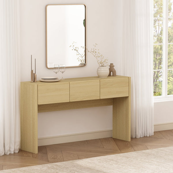 English Elm Linda Modern Console Table with 3 Spacious Drawers, Sleek Hardware-Free Design, Natural Grain Texture Oak B365P398092