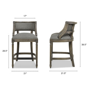 English Elm Jennifer Taylor Home - Paris 26.5" Farmhouse Counter Height Bar Stool with Upholstered Linen Seat, Hardwood Frame, Brass Footrest Gray B2719P238378