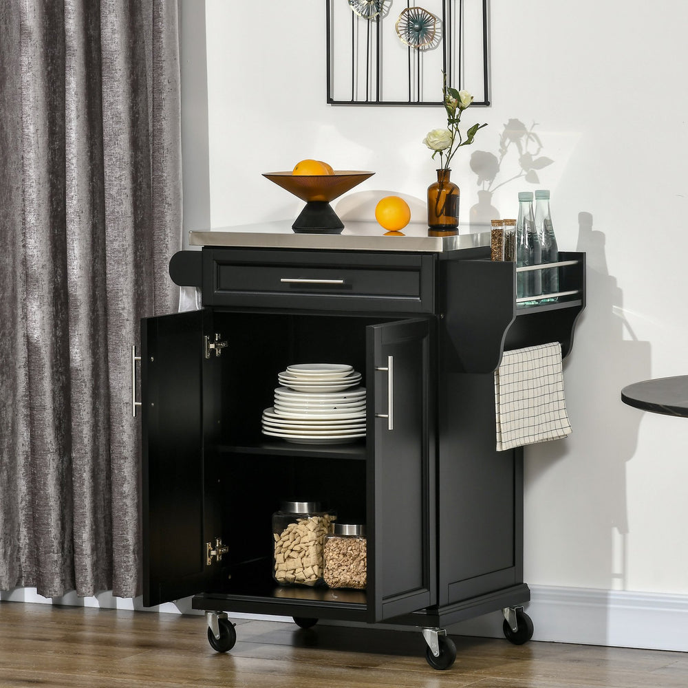 English Elm Homcom Rolling Kitchen Island Cart With Stainless Steel Top, Drawer, Spice Rack & Towel Holder, Black W2225P200674