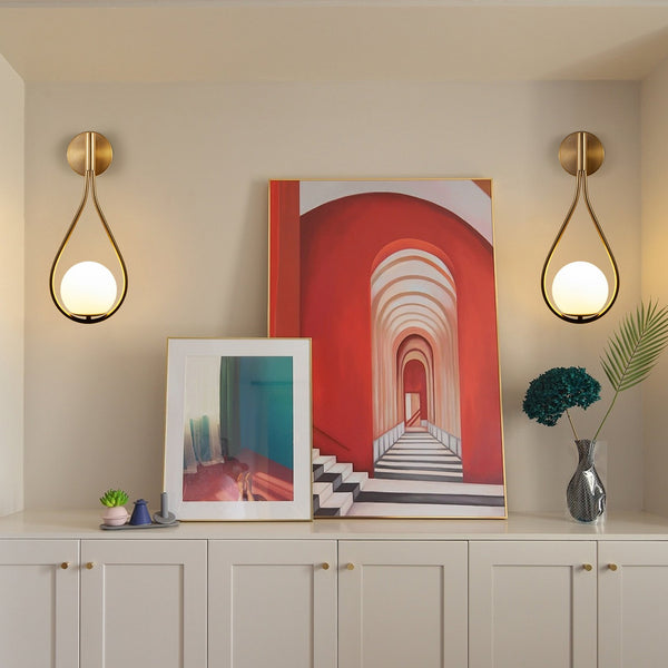 English Elm 19" Modern Gold Wall Sconces Set of 2 with Opal Glass Globes, Mid-Century Luxury Lighting for Bedroom Hallway W2312P374998