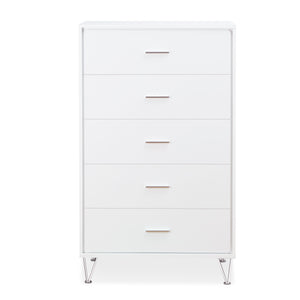 English Elm Deoss Five-Drawer White Finish Chest with Chrome Legs, Smooth Glide Ball Bearings & Safety Stop, Modern Storage B2726P256276