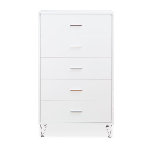 English Elm Deoss Five-Drawer White Finish Chest with Chrome Legs, Smooth Glide Ball Bearings & Safety Stop, Modern Storage B2726P256276