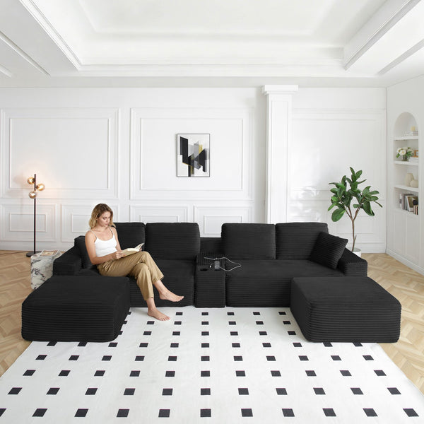 English Elm 125'' Modular L-shape Sectional Corduroy Cloud Couch with Storage and Usb Charging Black W1117S00420