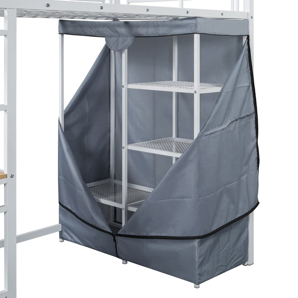 English Elm Twin Loft Bed with Built-In Desk, LED Light Strip, Power Outlet & Fabric Wardrobe for Small Rooms White SF000178AAK