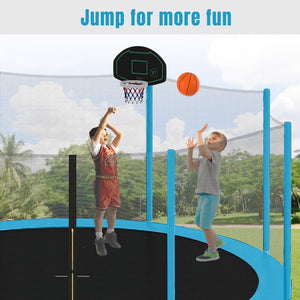 English Elm 14ft Round Backyard Trampoline with Enclosed Safety Net Basketball Hoop and Ladder Blue N739S000003C