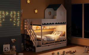 English Elm Twin Over Kids Bunk Bed with Castle Roofline Led Lights and Staircase Storage White N820S00068K