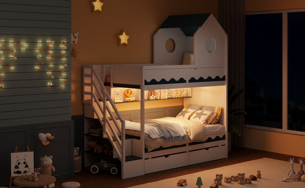 English Elm Twin Over Kids Bunk Bed with Castle Roofline Led Lights and Staircase Storage White N820S00068K