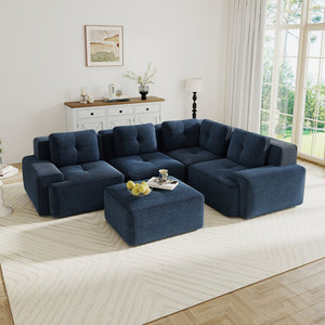 English Elm Modern Corduroy Sectional Sofa Deep Seat V Shape Tufted Couch with Movable Ottoman Blue W714S01579