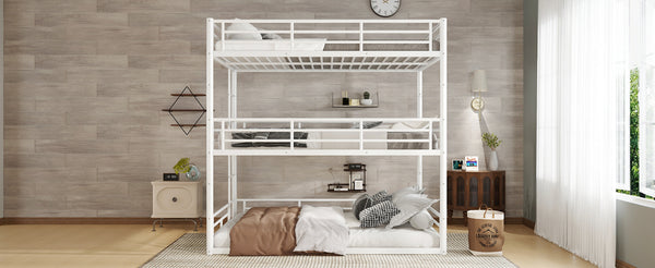 English Elm Twin Triple Metal Bunk Bed Matte Powder Coated Frame with Full Safety Guardrails Light White W1580S00581
