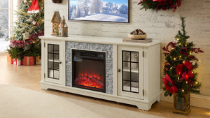 English Elm 58" Modern TV Stand with 18" Electric Fireplace, Faux Stone Mantel, Ample Storage & Cable Management for Living Room Comfort and Style White W2275S00025
