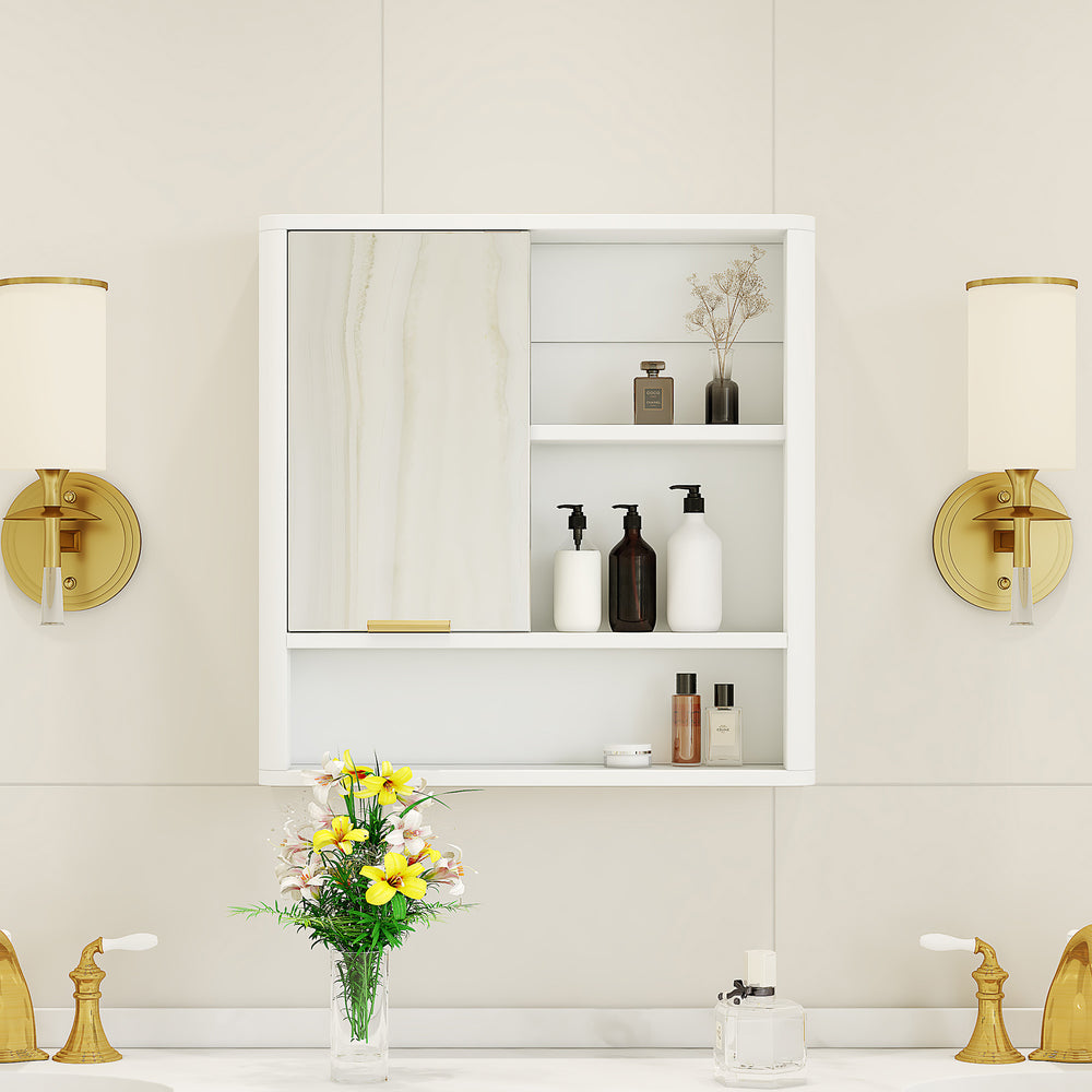 English Elm Modern Wall Mounted Mirrored Medicine Cabinet with Open Shelves Gold Hardware Bath W3875P379308
