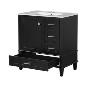 English Elm 30" Modern Bathroom Vanity with Solid Wood Frame, 3 Soft-Close Drawers and Ceramic Sink, Sleek Design Black N729P170557B
