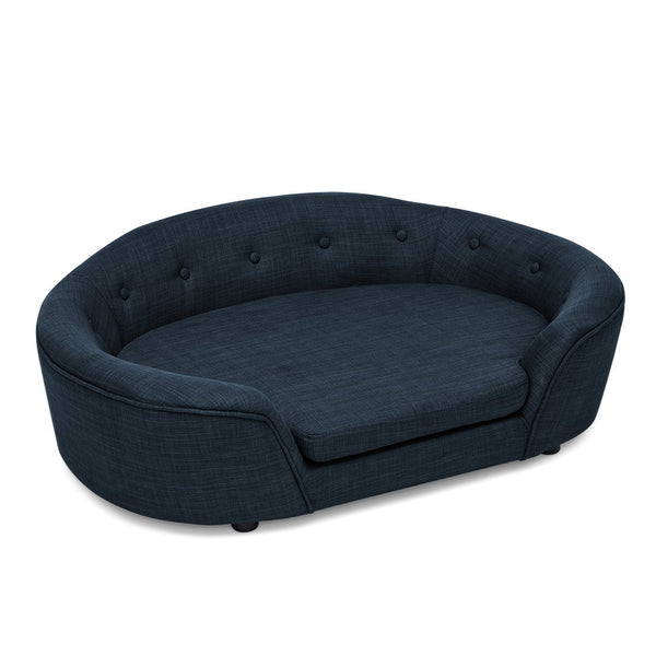 English Elm Oversized Oval Dog Sofa with Tufted Linen Backrest for Large Breed Lounging Comfort Dark Blue W487P415301