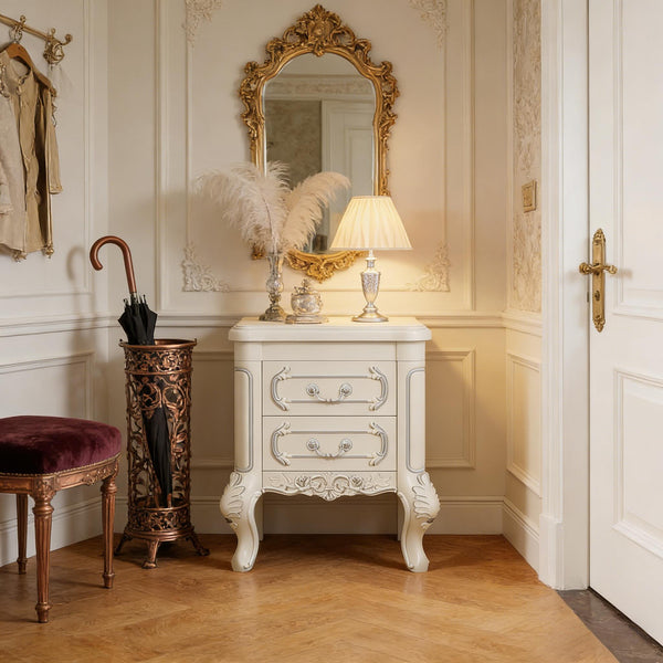 English Elm Elegant Hand-carved Nightstand with Silver Painted Edges and Two Drawer Storage T3971P458373