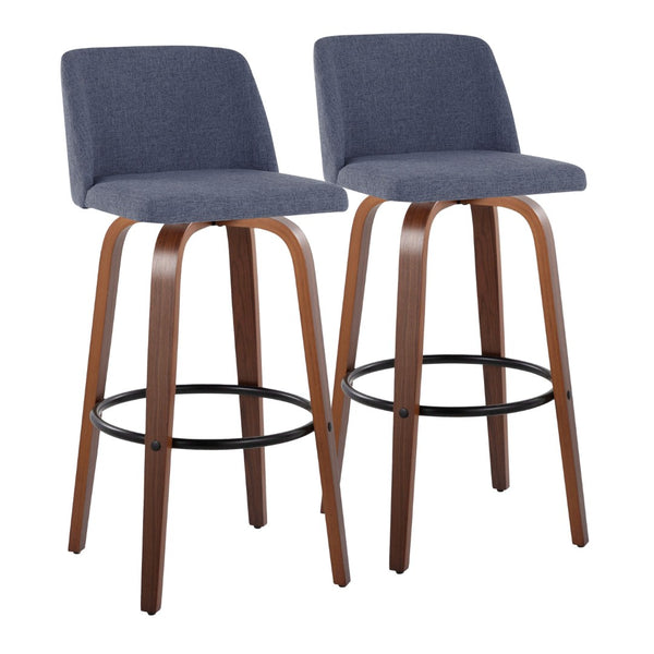 English Elm Toriano 30" Mid-Century Modern Barstool Set Of 2 - Stylish Blue Fabric, Walnut Wood, And Metal Footrest B202S00662-GIGA
