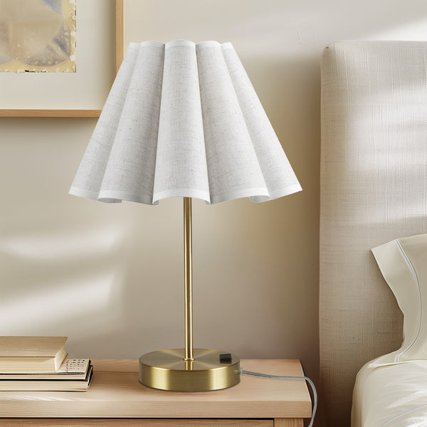 English Elm Tap-Control Gold Accent Table Lamp with Dimmable Touch, Built-In Power Outlet, Iron Body, Shade B035P264514