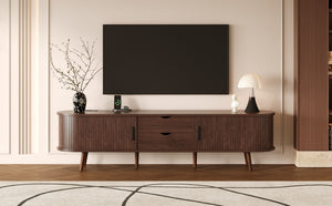 English Elm 70 Mid Century TV Stand with Rattan-Front Drawers, Tambour Doors, Built-In Outlets & Solid Wood Legs Dark Brown N710P339446P