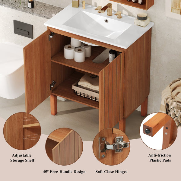 English Elm Christopher Knight Home® - 30" Modern Bathroom Vanity with Ceramic Sink, Natural Wood Grain, 45° Handle, Soft-Close, Ample Storage N817P245325N