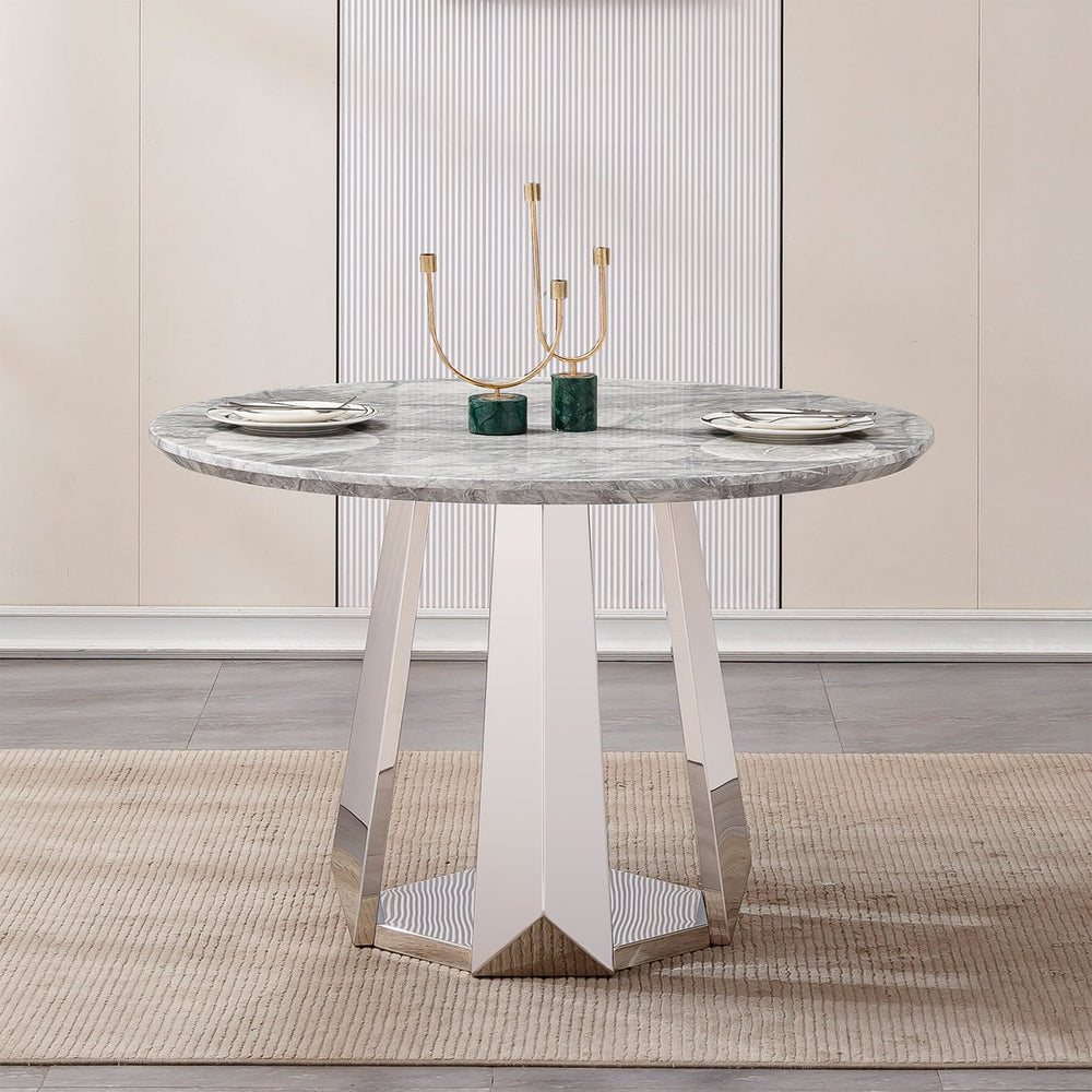 English Elm 47" Round Marble Dining Table - Elegant High Gloss Faux Marble Top & Durable Stainless Steel Base W3456S00008