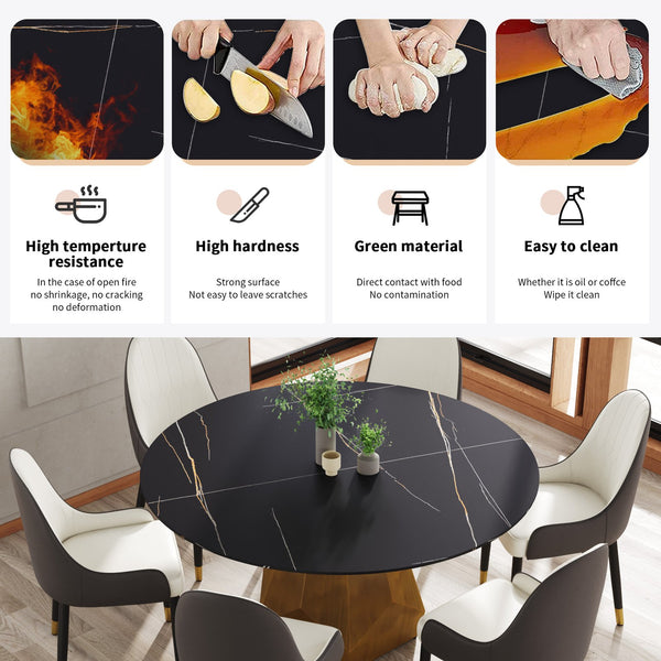 English Elm 59.05" Round Marble Dining Table – Stylish Artificial Marble & Metal Base For 6-8 Guests In Black W1535S00372