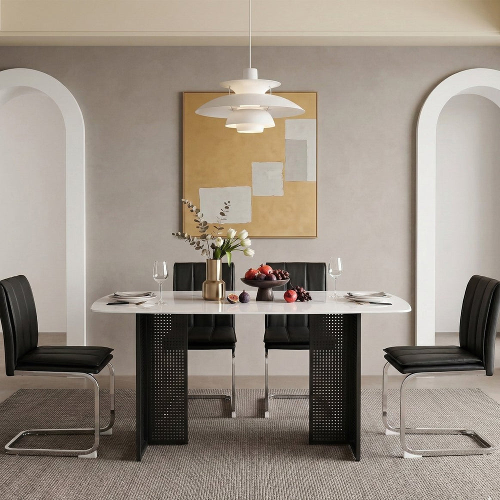 English Elm Modern-style Marble Glass Dining Table Seats Six with Sleek Black Metal Legs W5123P397511