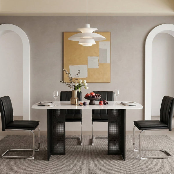 English Elm Modern-style Marble Glass Dining Table Seats Six with Sleek Black Metal Legs W5123P397511