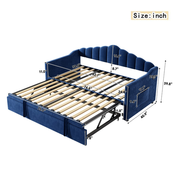 English Elm Upholstered Twin Daybed with Pop-Up Trundle, Built-In USB Type-C Charger, Side Pockets, Velvet Frame Blue 77.25 L x 17.25 W x 5.31 H N733S285118C