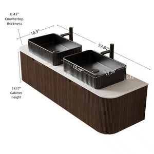 English Elm Dina 60 Inch Floating Bathroom Vanity Sintered Stone Top Dual Glass Basins Wood Grain Black,Carrara White,Dark Walnut W2615S00198