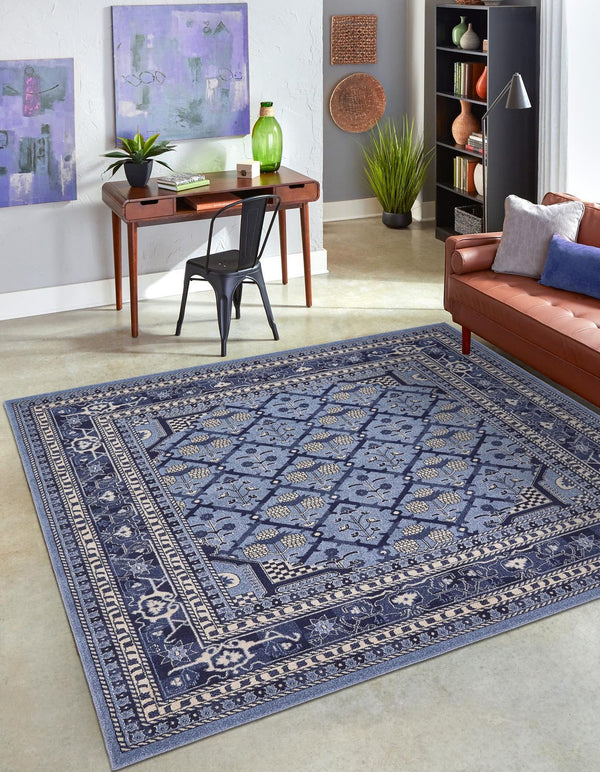Unique Loom La Jolla Trellis Machine Made Geometric Rug Blue, Blue/Ivory/Navy Blue/Light Blue 7' 10" x 7' 10"