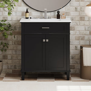 English Elm 30-inch bathroom vanity with ceramic basin, solid wood frame, soft-close doors and adjustable shelves for organized style and lasting durability Black N729P173380B