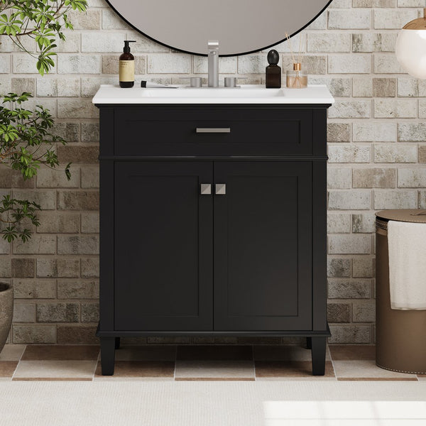 English Elm 30-inch bathroom vanity with ceramic basin, solid wood frame, soft-close doors and adjustable shelves for organized style and lasting durability Black N729P173380B