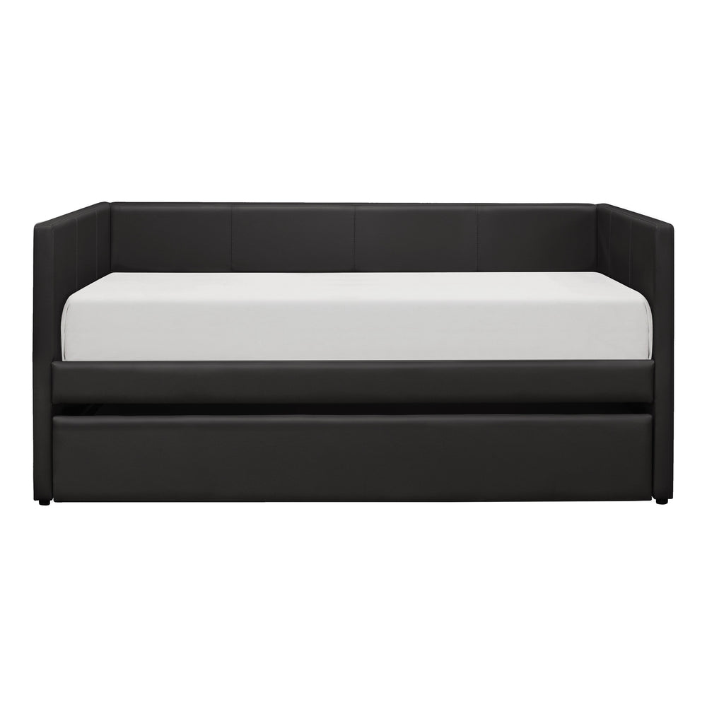 English Elm Black Faux Leather Daybed with Under-Trundle — Contemporary Adra Design, Solid Wood Frame, Space-Saving Lounge/Guest Bed B011S01504