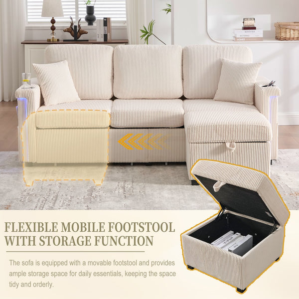 English Elm UNITED Corduroy L-Shaped Sectional Sofa with Storage Ottoman, USB Ports, Cup Holders & LED Lighting Beige W1568P332400