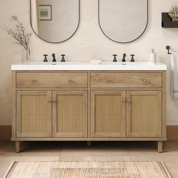 English Elm Christopher Knight Home® - 60 Inch Bathroom Vanity with Double Sinks SMC, Rattan Doors, Soft-Close Drawers, Stable Pine Legs Wood N817P296140N