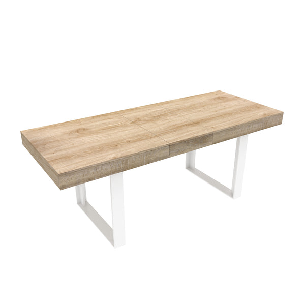 English Elm Extendable Faux Marble Dining Table with V-Legs — Sleek Expandable Conference & Kitchen Centerpiece for 6–10 White+Oak W1347S00005