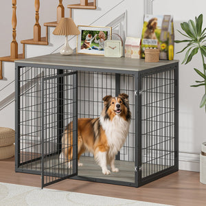 English Elm 47'' Furniture Style Dog Crate with 3 Doors Large Breed Cabinet Side Table Grey W1820P356886