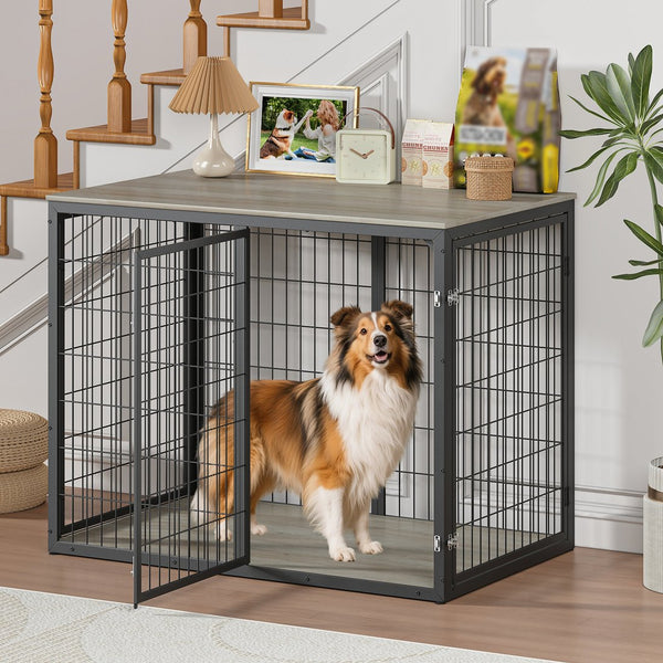 English Elm 47'' Furniture Style Dog Crate with 3 Doors Large Breed Cabinet Side Table Grey W1820P356886