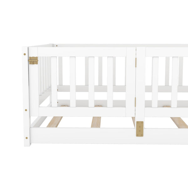 English Elm Twin Size Montessori Floor Bed With Fence & Door – Stylish, Safe, Low-Profile Design For Kids! W1820P231589-GIGA