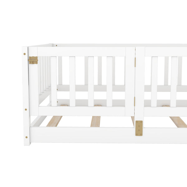 English Elm Twin Montessori Pine Floor Bed with Perimeter Fence Door and Slatted Base for Kids W1820P399071