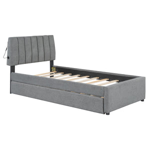 English Elm Teddy Twin Upholstered Platform Bed with Trundle, LED Smart Lighting, Plush Fleece, Sturdy Design Gray SF000055AAE