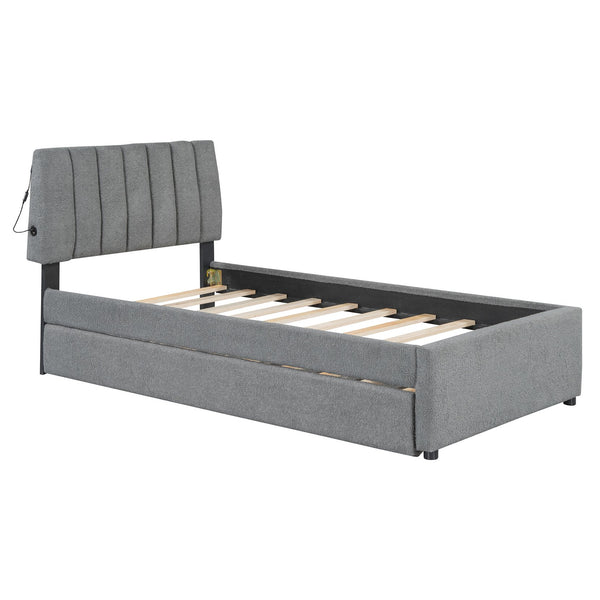 English Elm Teddy Twin Upholstered Platform Bed with Trundle, LED Smart Lighting, Plush Fleece, Sturdy Design Gray SF000055AAE