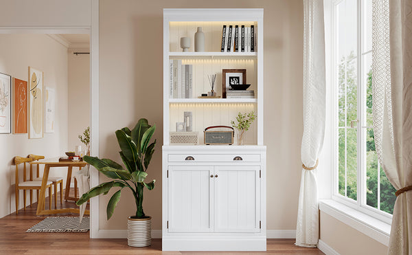 English Elm 83.4"Tall Bookcase with 3 LED Lights, Modern White Bookshelf with 2 Doors 1 Drawer & Adjustable Shelves SR000002AAK