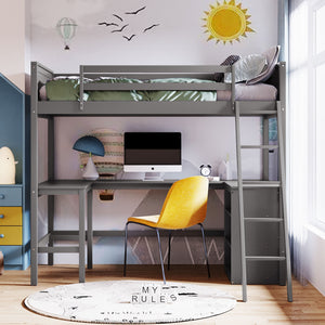 English Elm Twin Loft Bed with Built-in Desk and Open Shelves Solid Pine Kids Study Sleep Gray LT001537AAE-1