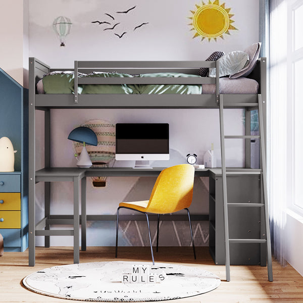 English Elm Twin Loft Bed with Built-in Desk and Open Shelves Solid Pine Kids Study Sleep Gray LT001537AAE-1