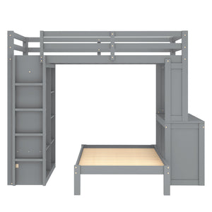 English Elm Full Solid Wood Loft Bed with Removable Lower Bed, Built-In Desk, Shelves & Wardrobe for Space-Saving Designs Grey W1580S00212