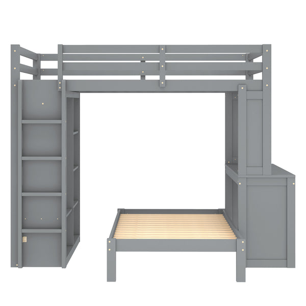 English Elm Full Solid Wood Loft Bed with Removable Lower Bed, Built-In Desk, Shelves & Wardrobe for Space-Saving Designs Grey W1580S00212