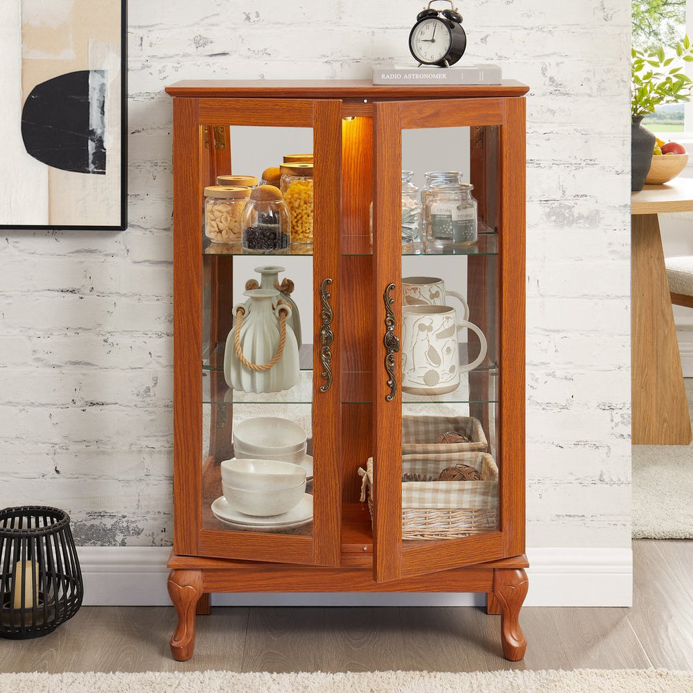 English Elm 2 Doors Curio Cabinet with Mirrored Back, Tempered Glass, Adjustable Shelves, Lighted Display, Dark Oak Finish (98) W2275P300143