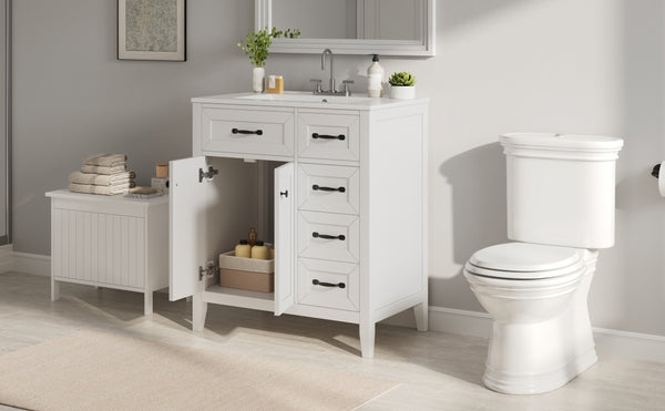 English Elm [video] 30 Inch Freestanding Bathroom Vanity White Mdf Pine Legs Ceramic Sink Soft Close N759P394442K