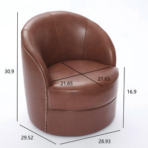 English Elm Brown Top-Grain Leather Swivel Accent Chair with 360° Silent Spin, Riveted Mid-Century Lounge, Sturdy 150kg Base W570P386950