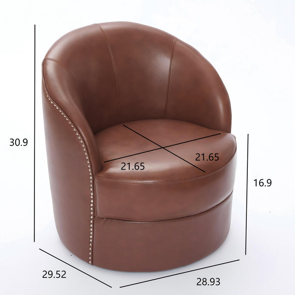 English Elm Brown Top-Grain Leather Swivel Accent Chair with 360° Silent Spin, Riveted Mid-Century Lounge, Sturdy 150kg Base W570P386950